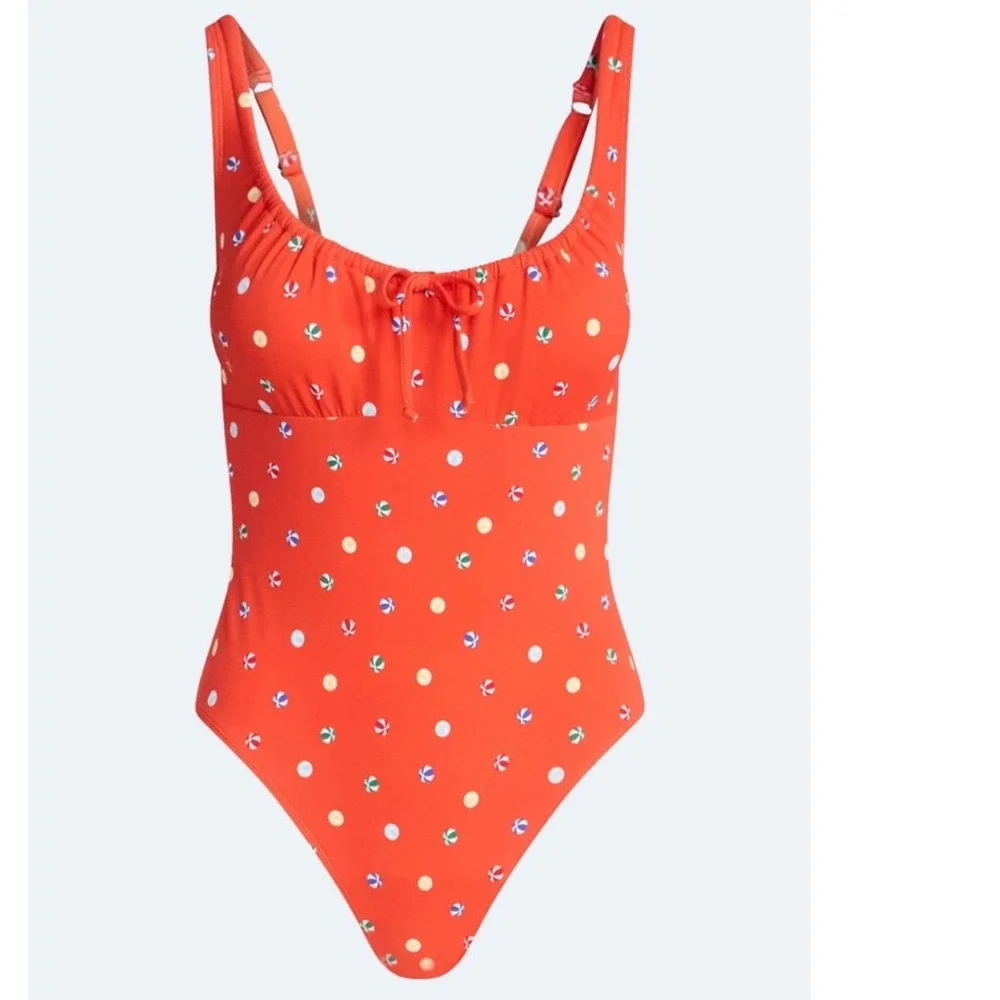 Free Assembly Soleil Red Beach Ball Print Cheeky High Leg One Piece Swimsuit M